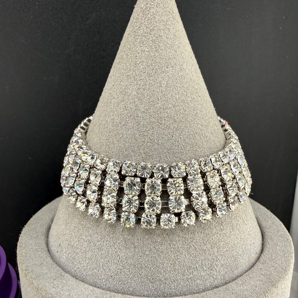 Vintage‎ Rhinestone Bracelet Silver Tone Four Row Wide Clear Crystal 7in